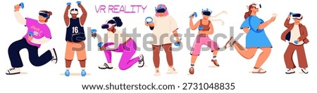 Players VR game use VR headsets and joystick.Set. Man, woman, children with VR goggles in augmented reality playing game on virtual screen. Modern entertainment. Vector