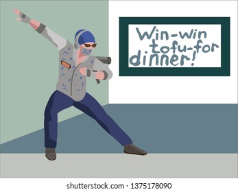 Playerunknown's Battlegrounds Poster and phrase from the game - Win-win, tofu for dinner! Game concept.
