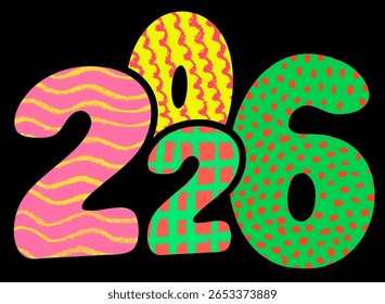 Playful 2026 numbers with bold hand-drawn textures and vibrant colors. Vector illustration for modern, fun, creative themes.
