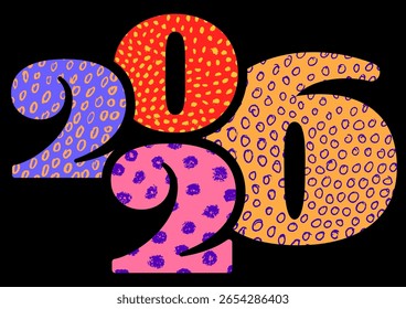 Playful 2026 numbers filled with hand-drawn colorful dots. Vector illustration ideal for fun, retro, and creative styles.