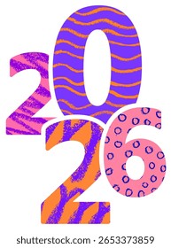Playful 2026 numerals in bold orange, purple, and pink with retro textures and a clean white background.