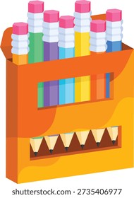 A playful 2D flat icon showing a box of colorful pencils, symbolizing creativity, art, and education. Perfect for design projects, school materials, stationery apps, creative tools, and learning platforms.