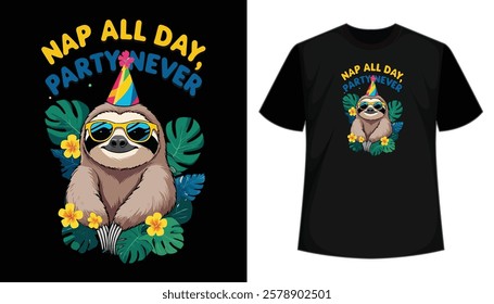 A playful 2D illustration of a sloth in a party hat and sunglasses, surrounded by tropical leaves and flowers, with the phrase "Nap All Day, Party Never" in bold, vibrant colors.
