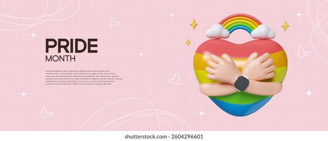 A playful 3D design celebrating Pride Month, featuring vibrant colors and a warm embrace for inclusivity.