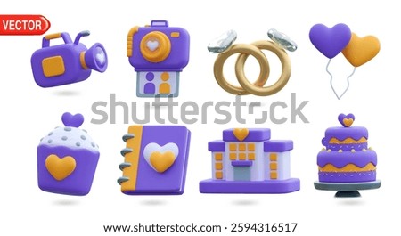 playful 3D icon set featuring celebration elements like balloons, wedding rings, camera, cake, and cupcake. These 3D illustrations are perfect for wedding, anniversary, and party themes
