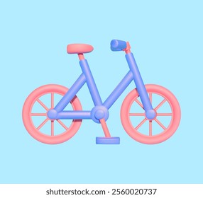 Playful 3D illustration of a cartoon bicycle with pink wheels and a blue frame on a light blue background, ideal for fun designs.