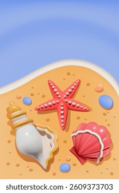 Playful 3D illustration of a red starfish and colorful seashells lying on a sandy beach with ocean waves and pebbles.