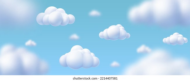 Playful 3D illustration of soft, cartoon-style clouds against a blue sky with a defocused effect. Abstract nature background, ideal for fantasy and children's themes.