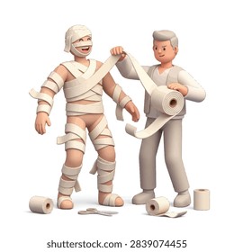 A playful 3D illustration of two characters. One is fully wrapped in bandages, resembling a mummy, while the other character is actively applying more bandages to him.