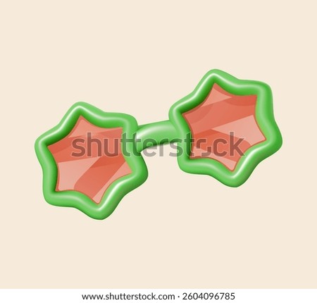 Playful 3D render of star-shaped sunglasses with green frames and orange lenses. Fun and quirky summer accessory on a beige background.