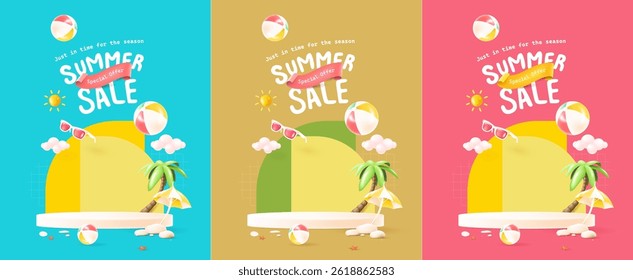 Playful 3D set summer sale banner with palm tree, umbrella, beach balls, sun, sunglasses, and pastel podium. Perfect for holiday promotions, product display, and seasonal marketing.