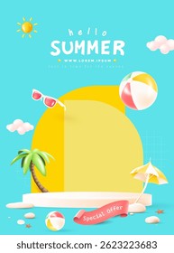 Playful 3D summer banner with sun, beach ball, umbrella, palm tree, and podium in pastel style. Perfect for seasonal promotions, product ads, and holiday sales.