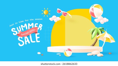 Banner de venda de verão 3D brincalhão com palmeira, guarda-chuva, bolas de praia, sol, óculos escuros e pódio pastel. Perfeito para promoções de férias, exibição de produtos e marketing sazonal.