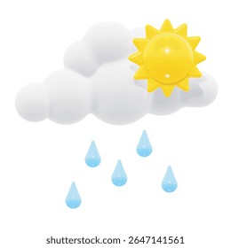 A playful 3D vector icon showing fluffy white clouds, a shiny yellow sun, and soft blue raindrops in a glossy cartoon style.