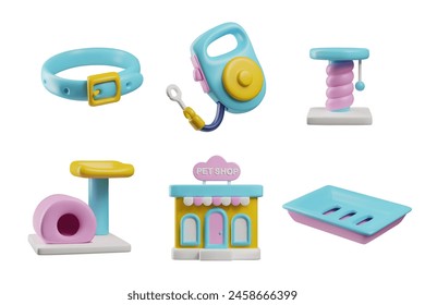 Playful 3d vector set of pet shop toys, featuring a collar, leash, feeding station, pet house, and other accessories in soft colors.