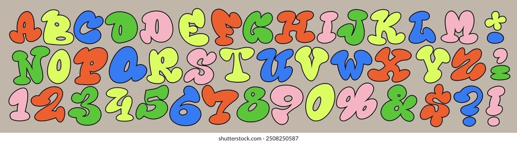 A playful 60's style cartoon alphabet featuring bubbly, hand-drawn comic letters. Groovy acid font. Ideal for children's designs, creative projects, this whimsical font adds a fun and lively touch.