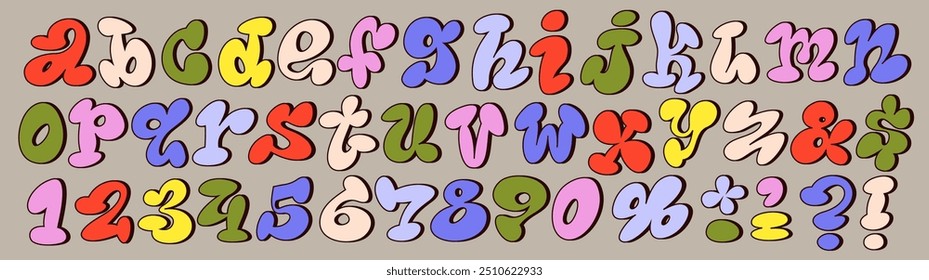 A playful 60's style cartoon alphabet featuring bubbly, hand-drawn comic letters. Groovy acid font. Ideal for children's designs, creative projects, this whimsical font adds a fun and lively touch.