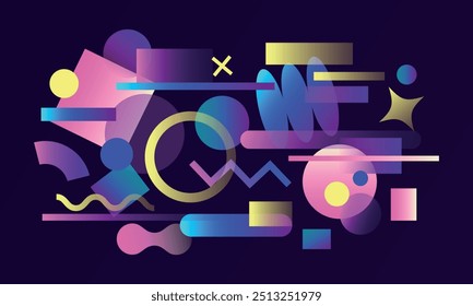 Playful 80s background with geometric vector shapes and elements. Colorful abstract composition in Memphis style