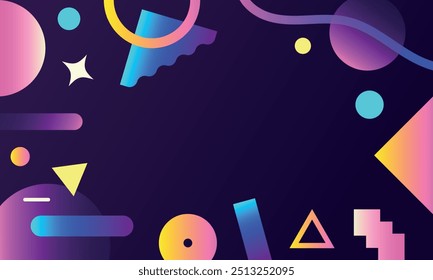 Playful 80s background with geometric vector shapes and elements. Colorful abstract composition in Memphis style