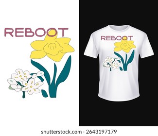 Playful 90s-style doodle of daffodils and narcissus with the word “Reboot” in bold retro lettering, clean minimalist look without outline. Ideal for white tees, stickers, notebooks, posters.
