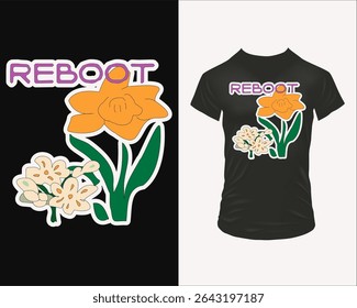 Playful 90s-style doodle of daffodils and narcissus with the word “Reboot” in bold retro lettering, crisp white outline for contrast. Perfect for black tees, stickers, notebooks, posters.