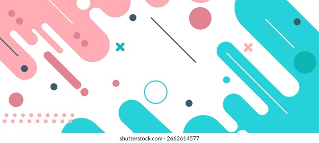 Fondo abstracto juguetón con Formas geométricas de color rosa y turquesa, círculos y líneas en blanco, perfecto para diseños modernos, creativos y divertidos.