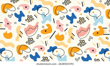 Playful abstract background with vivid doodles, curvy forms, and smiling faces in soft cream tone. Vibrant and cheerful visual for creative design.
