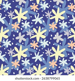 Playful abstract daisies on a bold navy background. Energetic and modern pattern perfect for wrapping paper, activewear, and bold interiors.