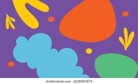 Playful abstract design featuring large color blobs, organic elements, and a vibrant purple backdrop. Ideal for modern visuals.