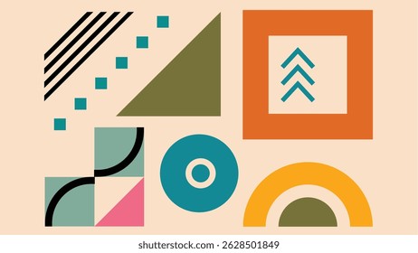 Playful abstract design featuring overlapping triangles, circles, stripes, and dot elements in vivid orange, blue, black, and lilac.