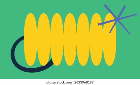 Design abstrait ludique avec des ovales jaunes et des formes étoilées sur fond vert, créant un mélange visuel vibrant et funky.