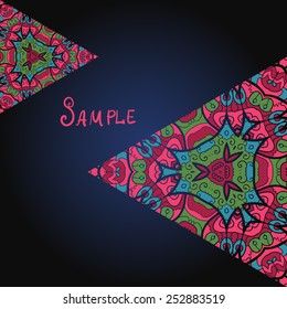 Playful abstract design: vibrant triangular shapes feature intricate patterned elements with striking hues like pink, blue, and green, arranged harmoniously against deep black canvas. Each geometric form contains swirling organic motifs that evoke dynamic movement and creative energy. Negative space at center enhances colorful impact, while whimsical pink typography reading Sample adds lighthearted touch. This composition balances vivid colours with flowing patterns, creating engaging visual tension suitable for youthful graphics. Bold artistry and contemporary aesthetics make it ideal for party invitations, product packaging, and creative industry applications. Eye-catching abstraction radiates joy and fun through its harmonious blend of form and colour.
