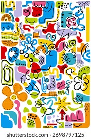 Spielerisches abstraktes Doodle-Muster mit hellen Farben, handgezeichneten Formen und Linien. Moderner, lebendiger Hintergrund für Poster, Prints und Textildesign.