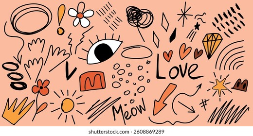 Playful Abstract Doodles Featuring Symbols, Shapes, and Creative Designs. Whimsical collection of abstract doodles, expressing creativity with iconic shapes, symbols, and playful elements over 
