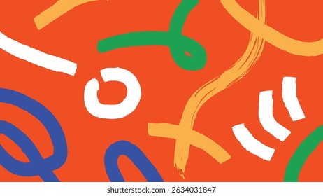 Playful abstract doodles in green, red, and blue on a bold yellow background. Perfect for creative branding and fun design projects.