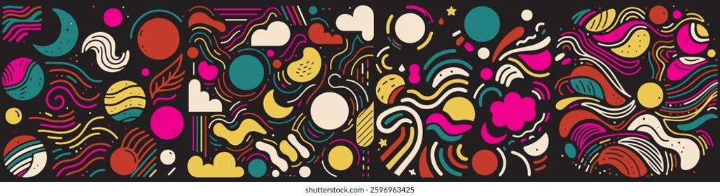 Playful Abstract Elements with Colorful Doodles on Black Background.