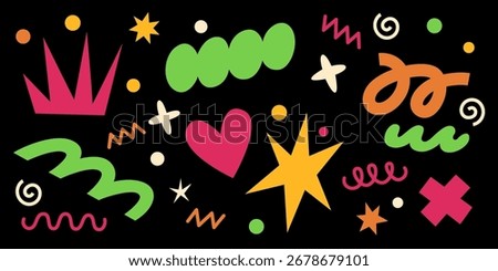 Playful abstract elements of pink heart, green cloud, orange and yellow geometric shapes, stars and spirals on black background. Vibrant set with crowns, crosses and wavy lines for festive graphics.