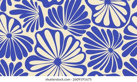 Playful abstract floral design with rounded petals in blue on light background, artistic flower illustration