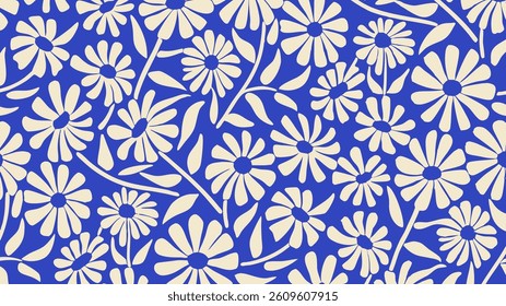 Playful abstract floral design with rounded petals in blue on light background, artistic flower illustration