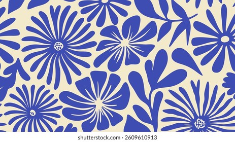 Playful abstract floral design with rounded petals in blue on light background, artistic flower illustration