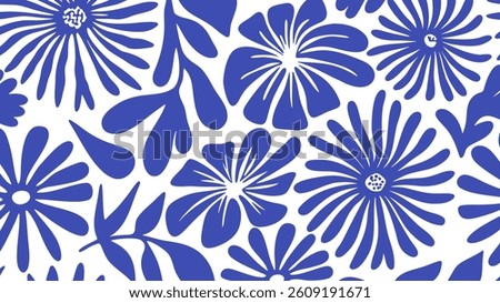Playful abstract floral design with rounded petals in blue on light background, artistic flower illustration