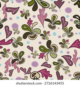 Un patrón floral abstracto juguetón con tonos verdes y púrpuras sobre un fondo claro, esparcido con lunares suaves. Da una sensación divertida, animada y moderna.