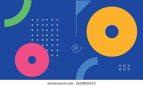 Playful abstract geometric art with colorful rings, spirals, dotted grids, and bold graphic elements over a deep blue background.