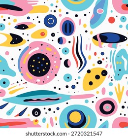 Modelo inconsútil geométrico abstracto juguetón con las gotas coloridas, los puntos y las Formas dinámicas, conveniente para los Fondos de pantalla, la tela, la marca y el diseño de las redes sociales