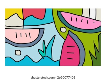 playful abstract illustration featuring multiple slices of watermelon in bold, flat colors and expressive black outlines.