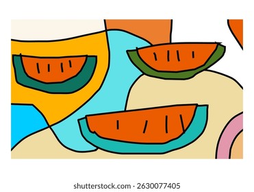 playful abstract illustration featuring multiple slices of watermelon in bold, flat colors and expressive black outlines.