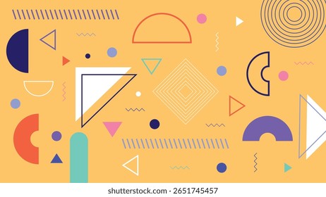 Playful abstract layout with multicolored geometric shapes including diamonds, half-circles, lines and squiggles on a soft yellow background.