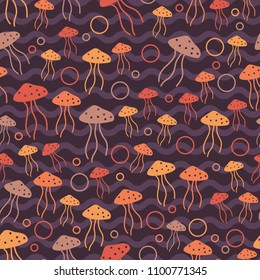 Playful abstract orange jellyfish in purple wavy. A playful, modern, and flexible pattern for brand who has cute and fun style. Repeated pattern. Happy, bright, and nautical mood.