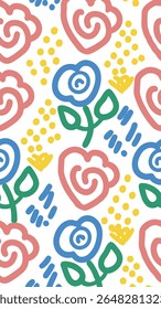A playful, abstract pattern featuring bold, hand-drawn shapes in pink, blue, green, and yellow on a white background. The design evokes a whimsical, childlike aesthetic with floral organic elements.