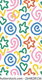 A playful, abstract pattern featuring bold, hand-drawn shapes like stars, hearts, and swirls in vibrant colors on a white background. Perfect for children's designs.
